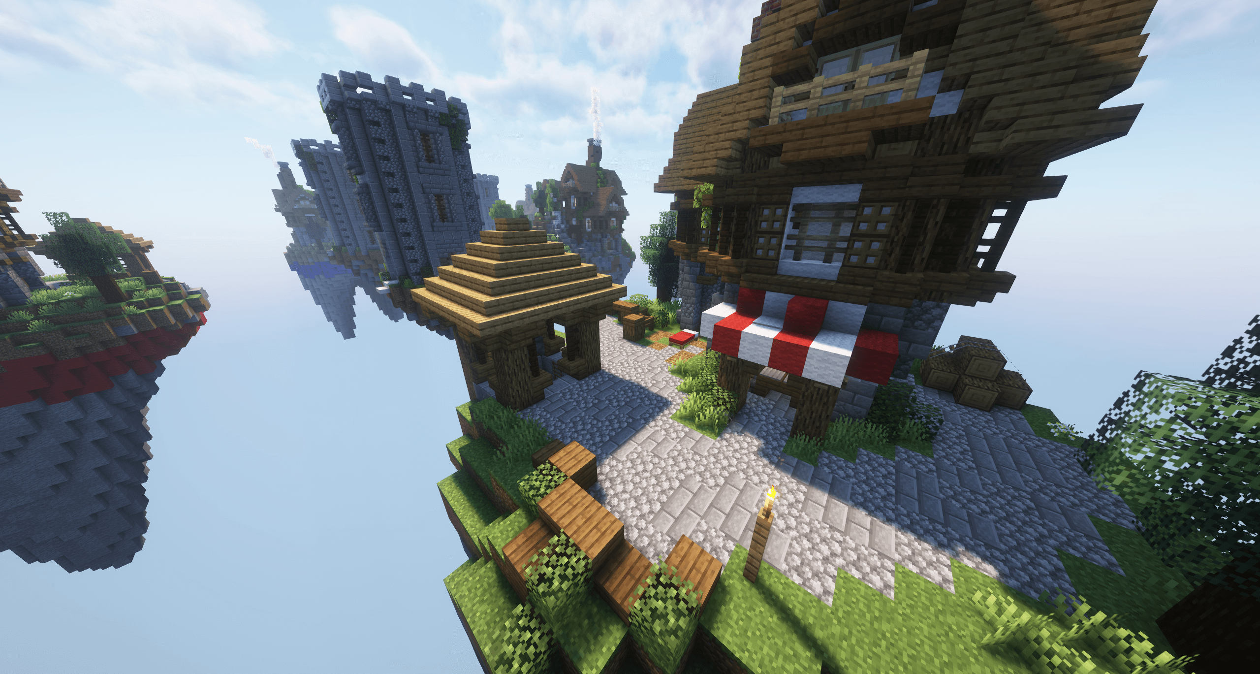 Feast spawn with bed and generator Central feast island where the player spawns, showing the bed location and iron generator.