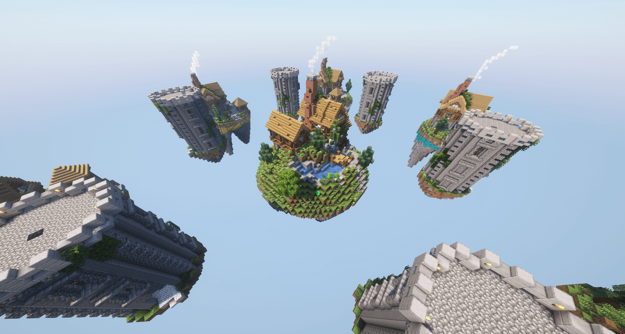 Top view of feast, mini feast, and islands Aerial view of the BedWars Kingdom map showing feast, mini feast, and islands layout.